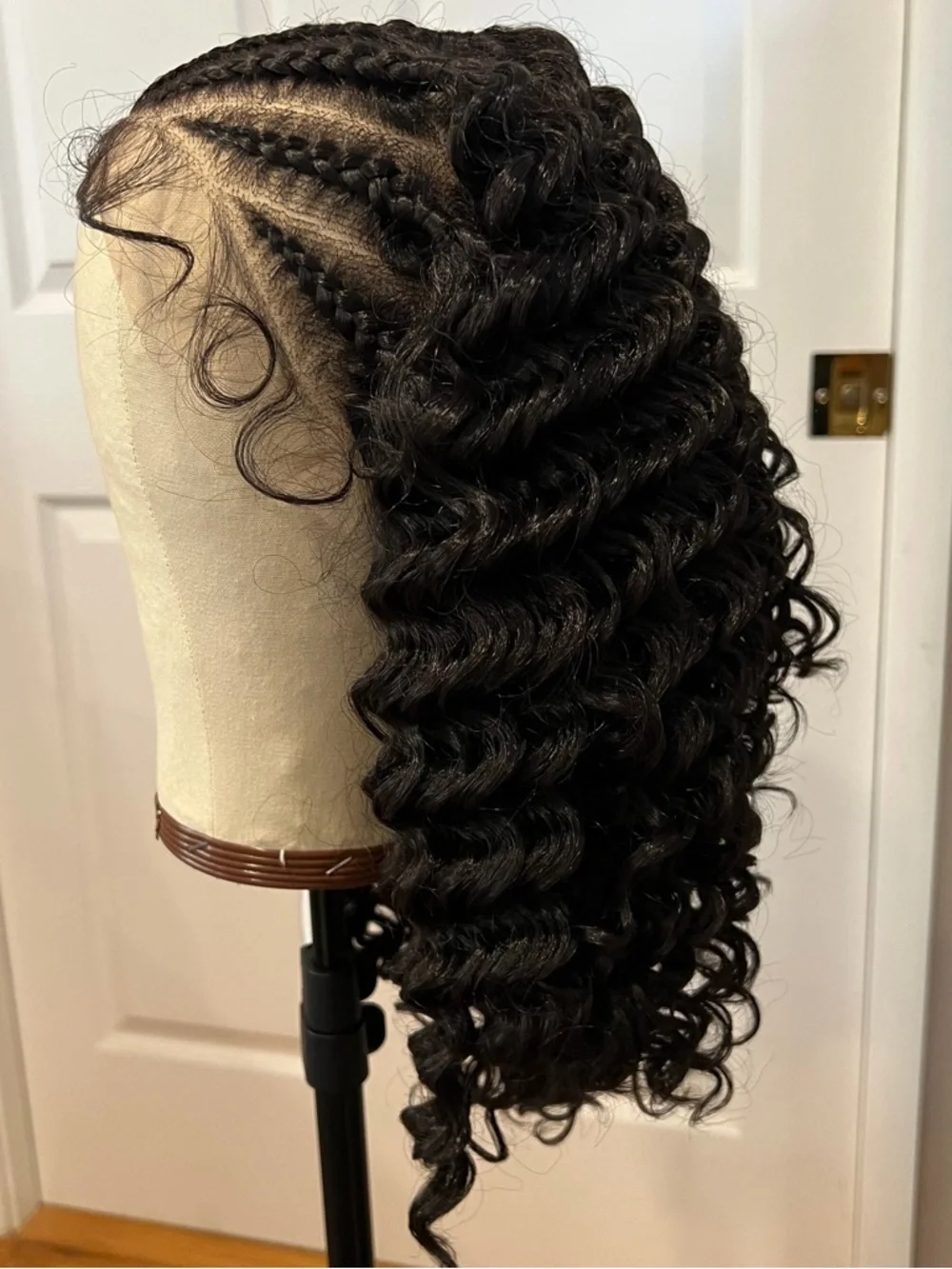 Synthetic 16” Natural Black Curly Lace Front Wig with Cornrowed Parts It#UC9